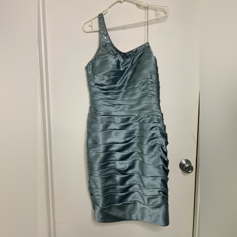 Adrianna Papell One Shoulder Ruched Satin Dress Sz 12 Caldet Blue